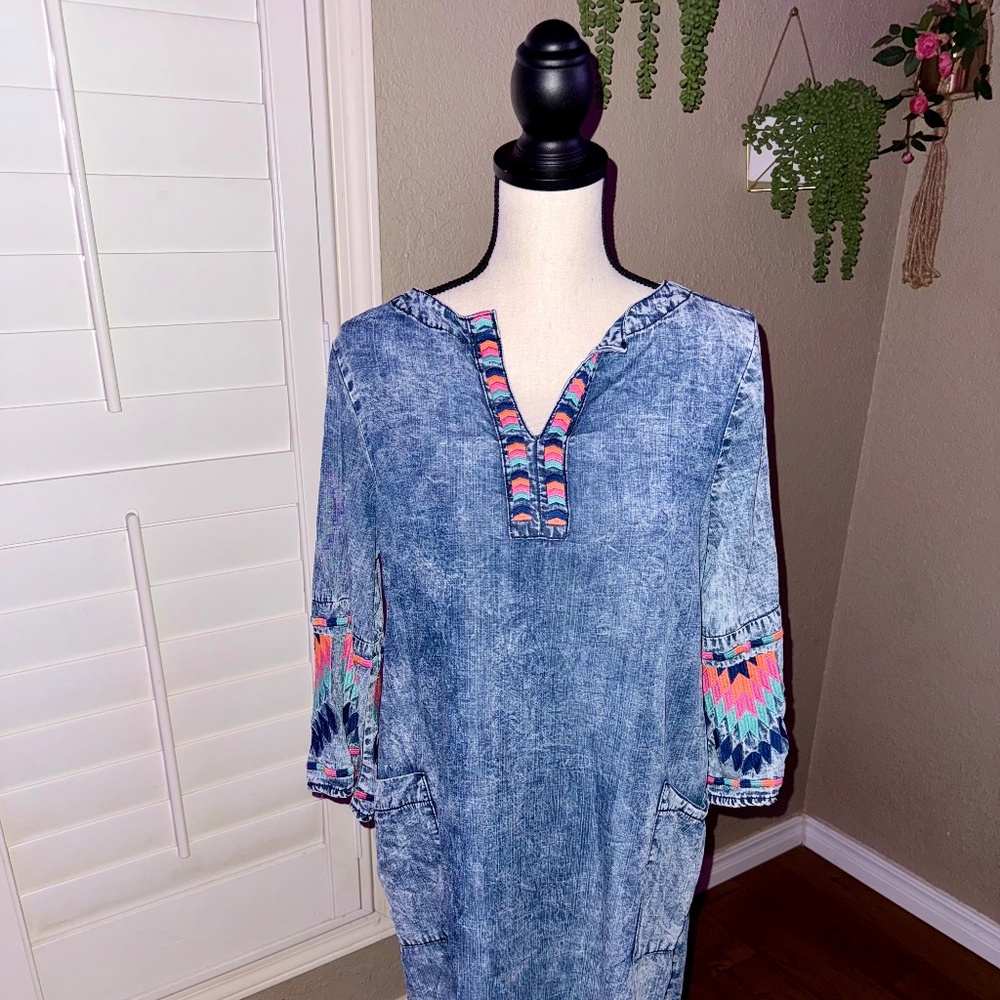 Tru Luxe Jeans Embroidered Denim Shift Dress - W S, Boho Blue Vibes